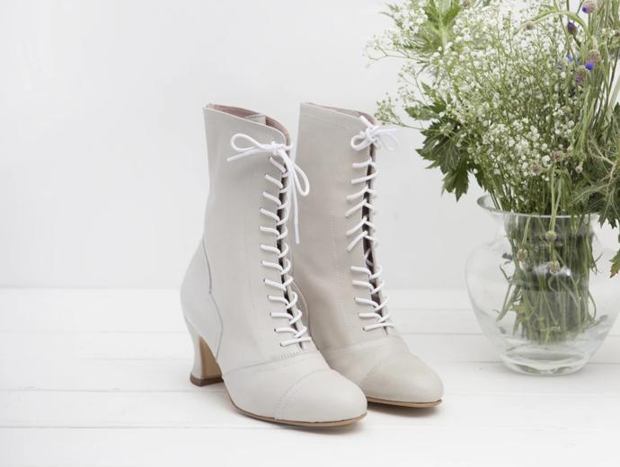 Frida lace up ankle boot in white leather by Miss L Fire. 
