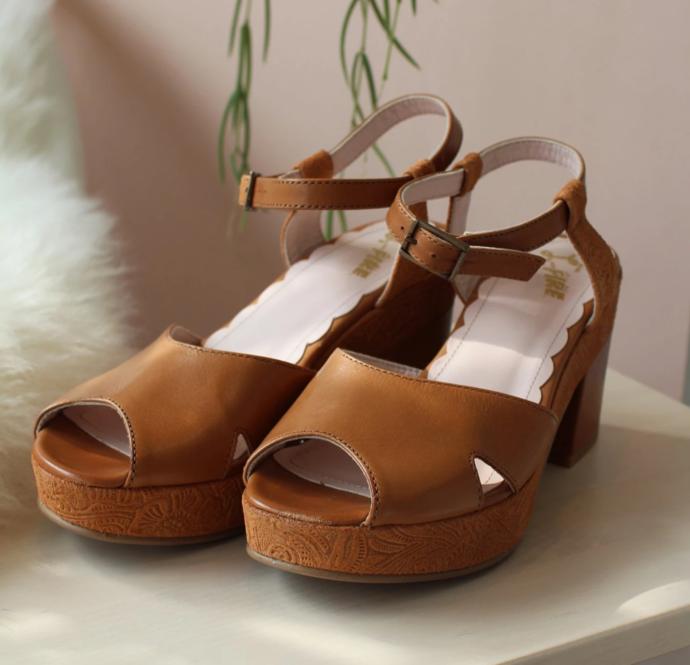Juanita tan leather platform sandals with tooled leather detail. By London designer, Miss L Fire