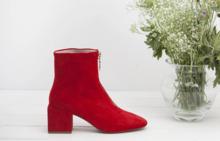 June red ankle boots in soft suede with centre zipper. By Miss L Fire. 