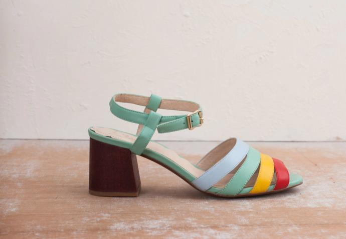 Harper multi colour rainbow sandals by British designer Miss L Fire. 