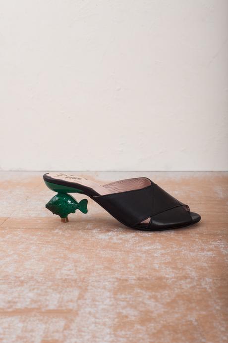 Lola black leather mule with fish shaped feature heel by London Designer, Miss L Fire. 