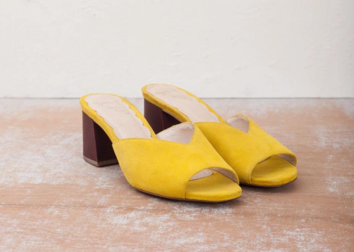 Mia yellow mid block heel slide by Miss L Fire. 