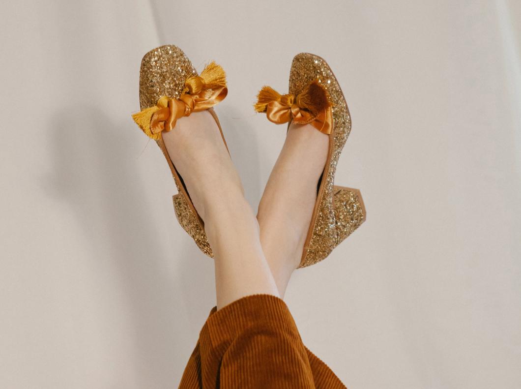 Sabrina bronze gold glitter pump with hassle trim. Perfect prom , party or bridesmaid shoe. Vegetarian friendly. By Miss L Fire 